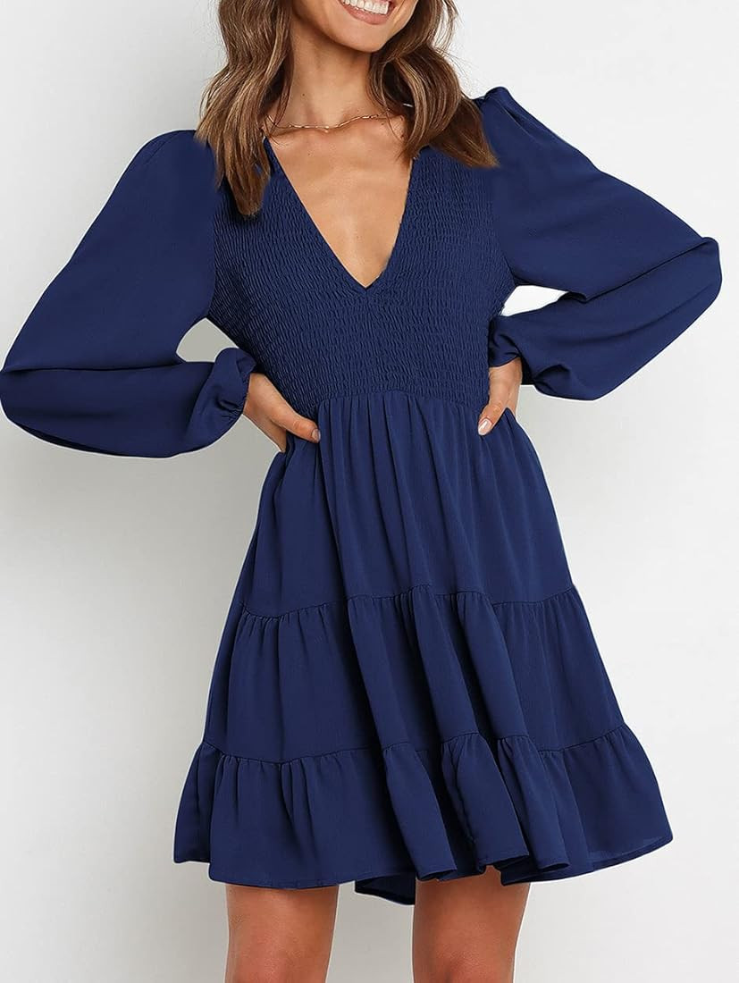 Umimi Women's Fall Casual Long Sleeve V Neck Smocked Elastic Waist Flowy Tiered Mini Dress | Amazon (US)