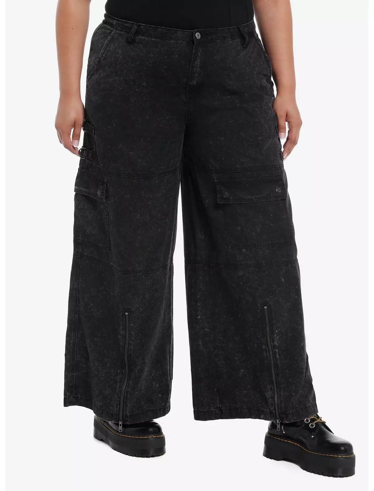 Black Acid Wash Hardware Zipper Wide Leg Jeans Plus Size | Hot Topic