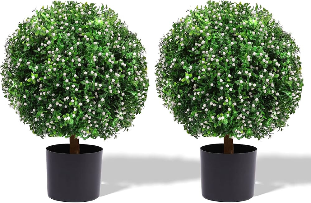 TOLEAD Artificial Boxwood Topiary Ball Tree, Set of 2 UV Resistant Faux Potted Bushes with White ... | Amazon (US)