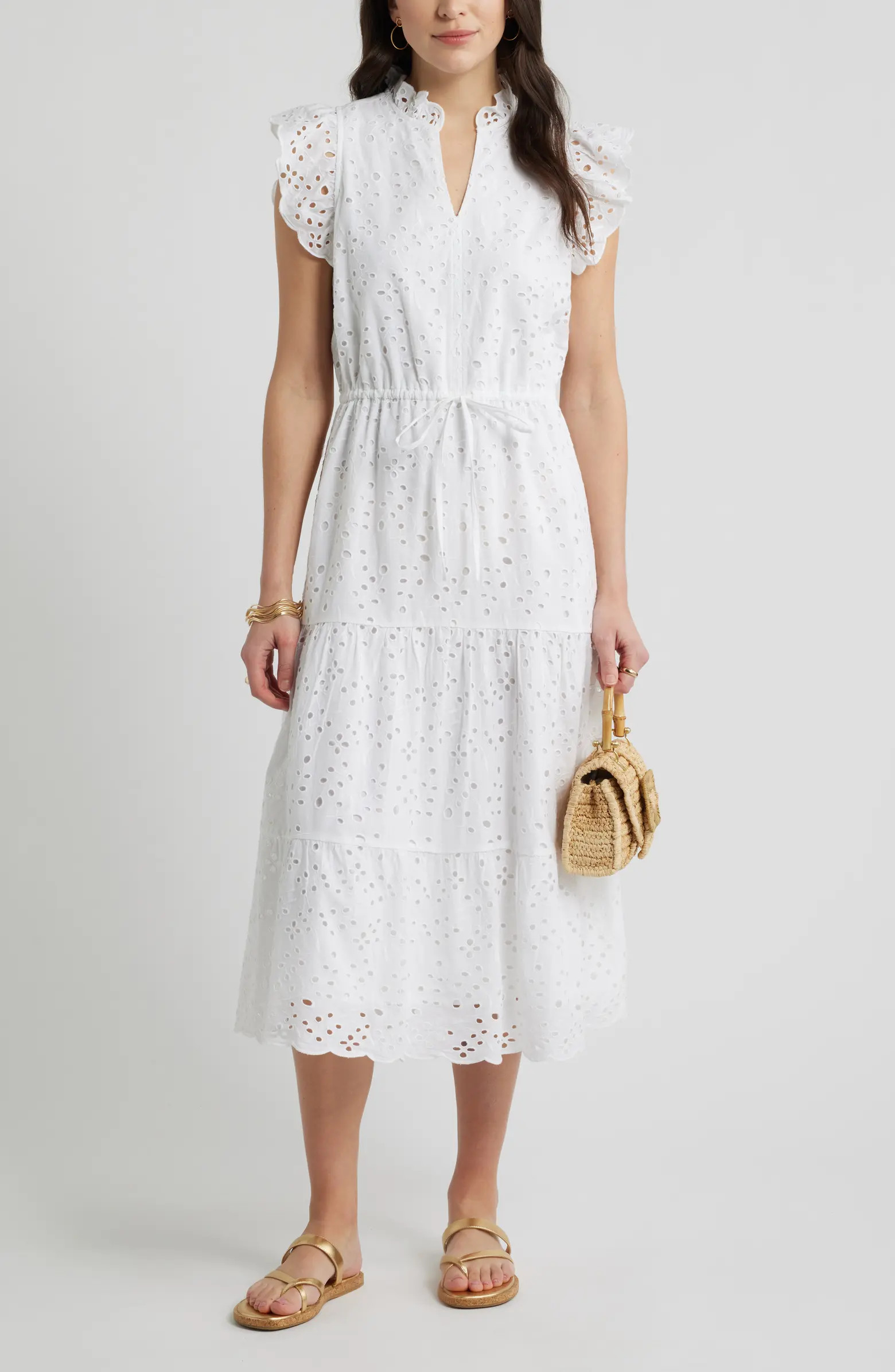 Ruffle Flutter Sleeve Cotton Broderie Anglaise Midi Dress | Nordstrom