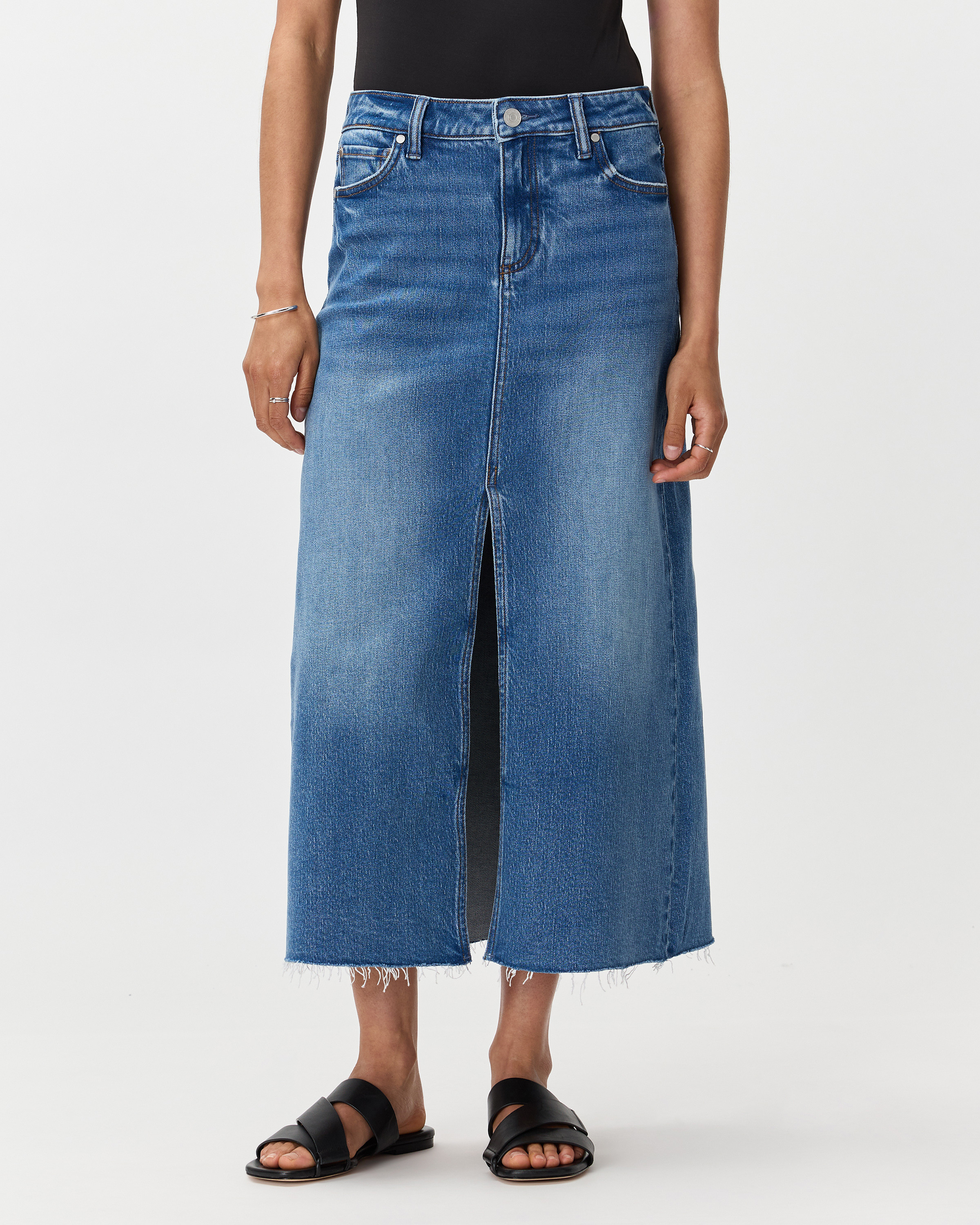 Quince | Women's Stretch Denim 5-Pocket Midi Skirt in Cool Blue, Size 26, Organic Cotton | Quince