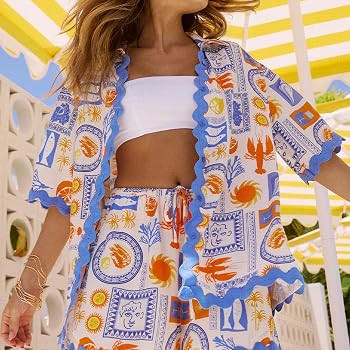 Women Graphic 2 Piece Outfit Y2k Bobo Short Sleeve Button Down Shirt Drawstring Shorts 2024 Summe... | Amazon (US)