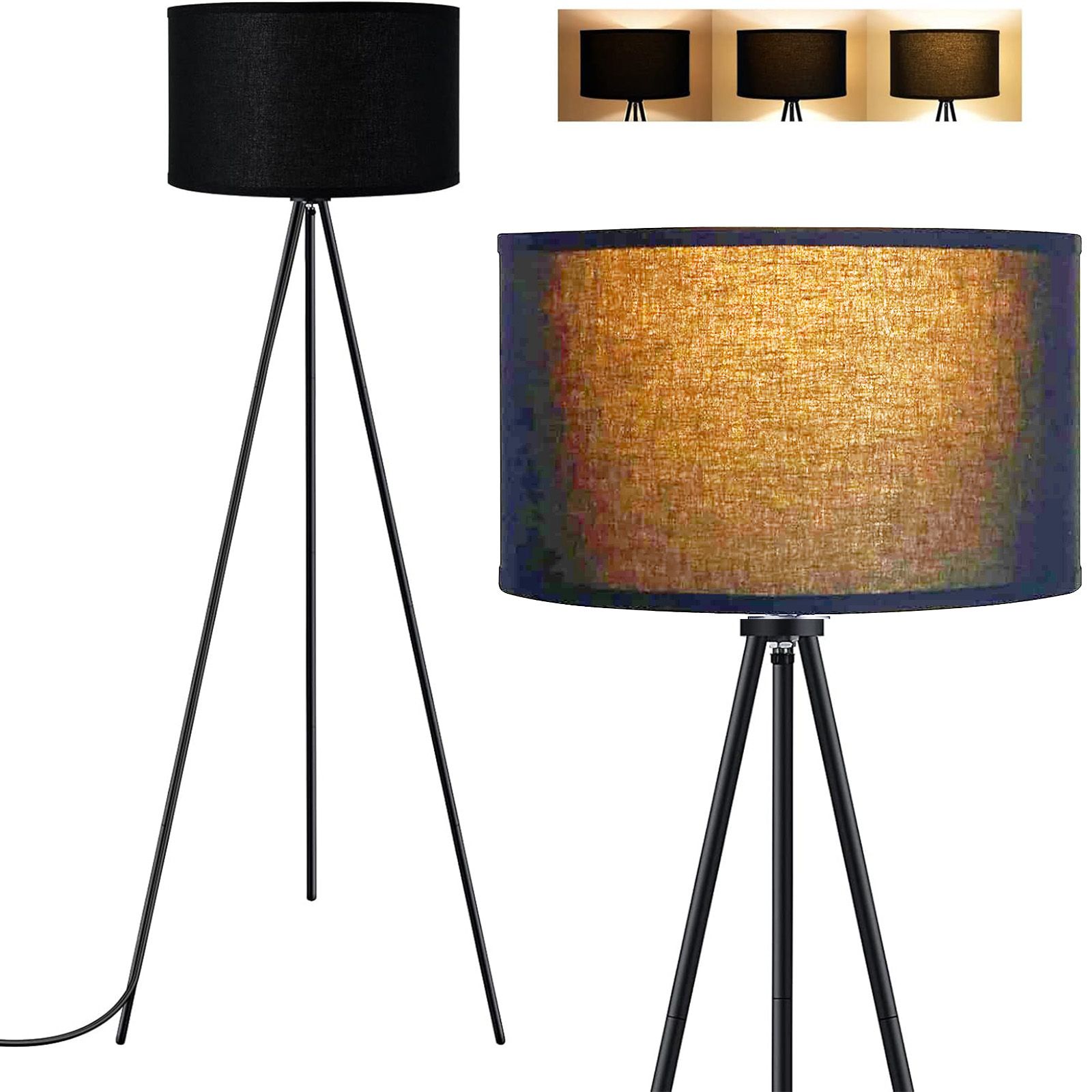 HUIMART 61 in Tripod Floor Lamp Modern Floor Lamp, 3 Color Adjustable, Black Shade, Bulb Included | Walmart (US)