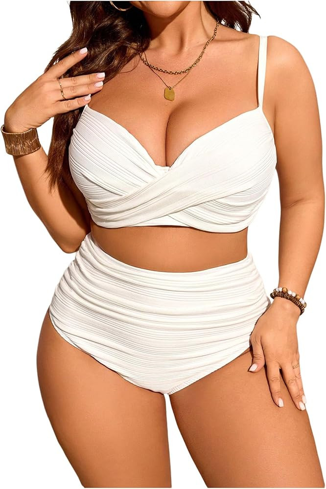 MakeMeChic Women's Plus Size 2 Piece Bikini Set Wrap Ruched High Waist Swimsuit 2 Beachwear | Amazon (US)