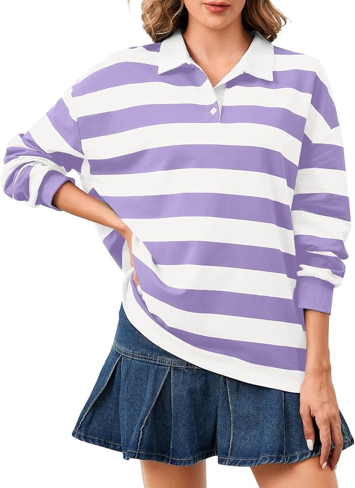 Women's Oversized Striped Polo Sweatshirt Long Sleeve Rugby Collared Pullover Tops Loose Fit Shir... | Amazon (US)