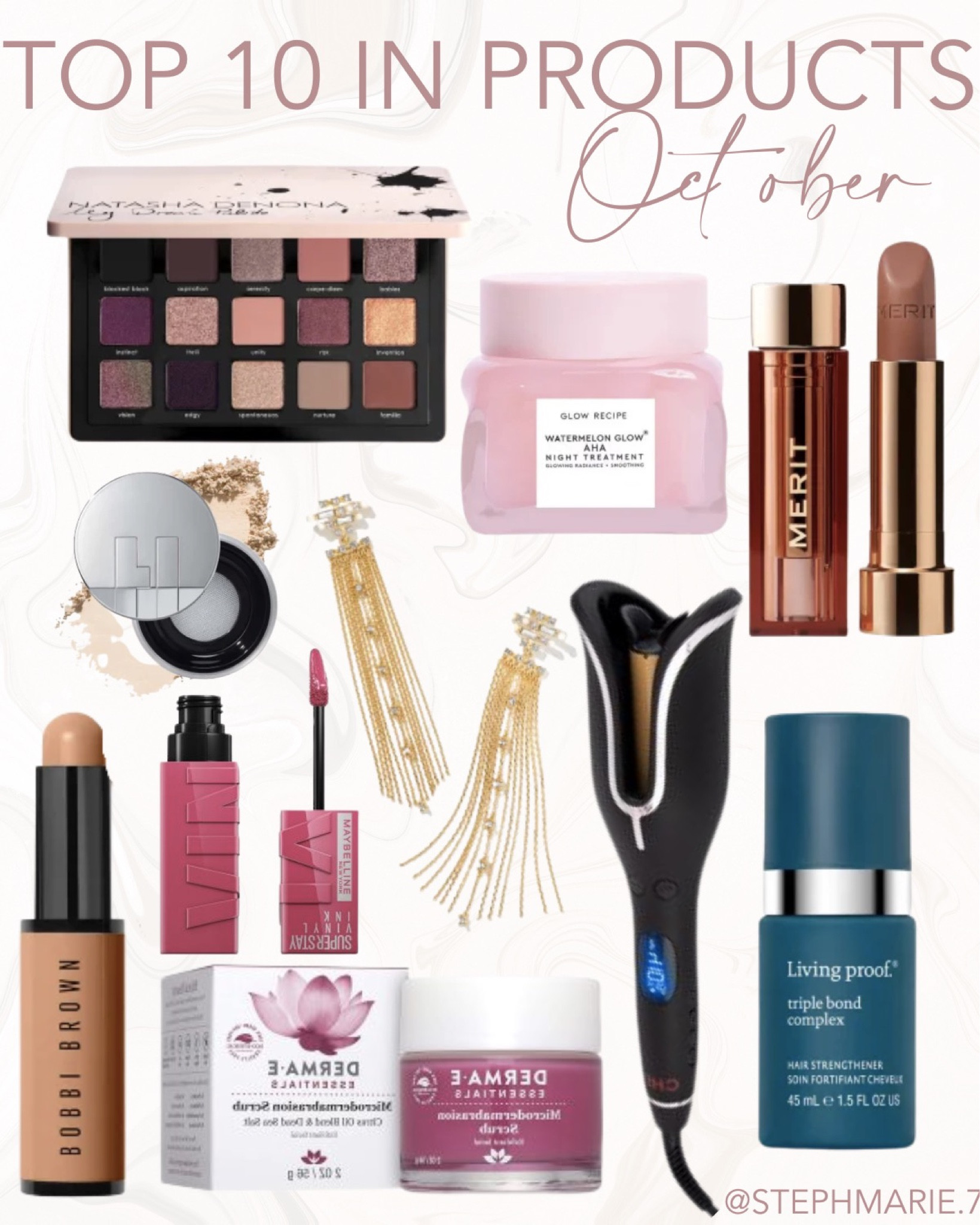 top 10 products in october / my favorite products / makeup palette/ kendra scott earrings/ merit lipstick / maybeline lip stock / bobbi brown makeup / curling wand / glow recipe/ haus labs 

#LTKHoliday #LTKSeasonal #LTKbeauty