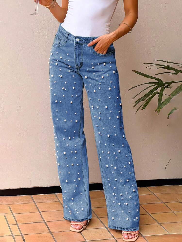 Women's Straight Leg Pant Jeans,Pearl Decoration,Button Zipper And Pocket Summer Jeans | SHEIN