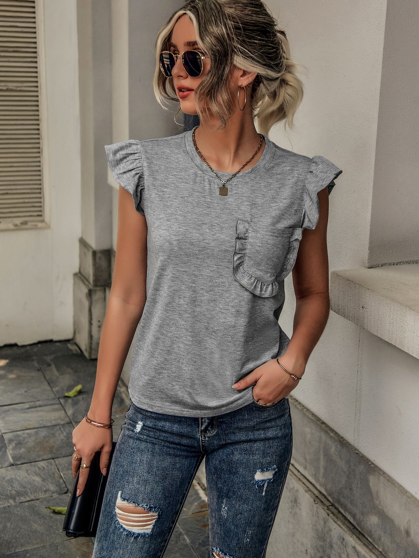 Ruffle Trim Pocket Patched Tee | SHEIN