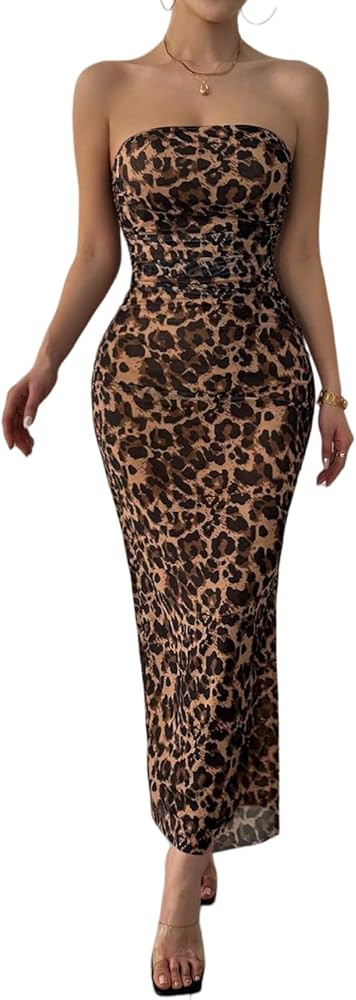 Vestido de verano para mujer, tubo sin tirantes, ajustado, maxi abertura lateral, malla en capas | Amazon (US)