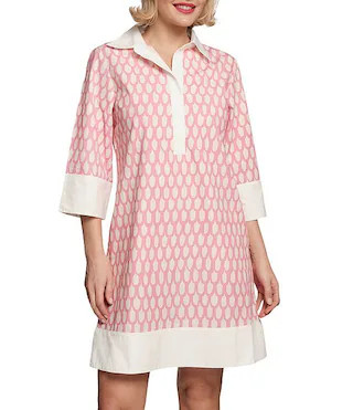 Tracey Cotton Poplin Loop Geometric Print Point Collar Elbow Sleeve Dress | Dillard's