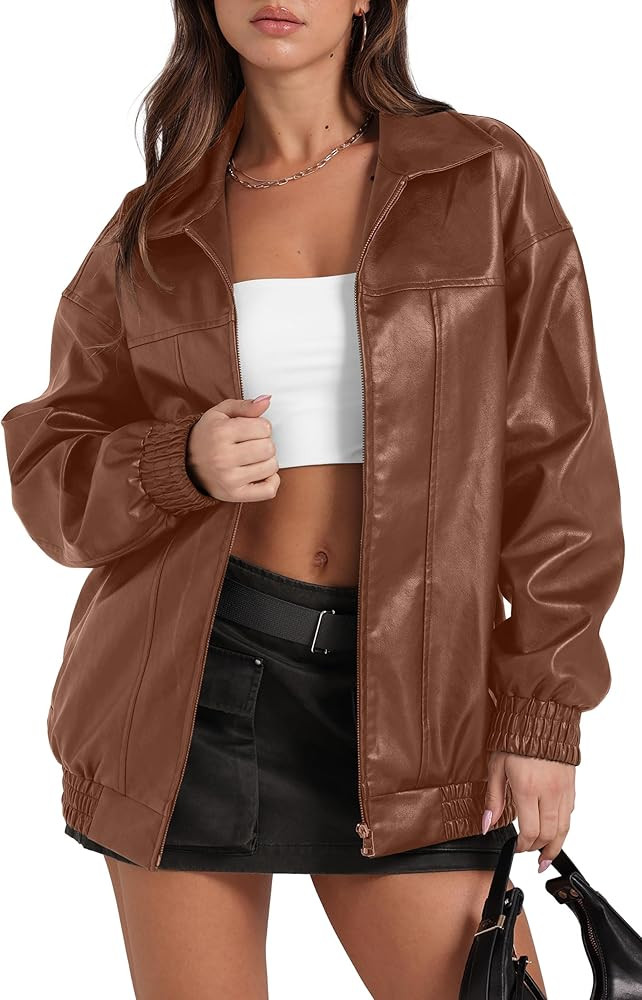 SAMPEEL Leather Jacket Women Faux Oversized Motorcycle Bomber Coats 2024 Fall Fashion Outfits Win... | Amazon (US)