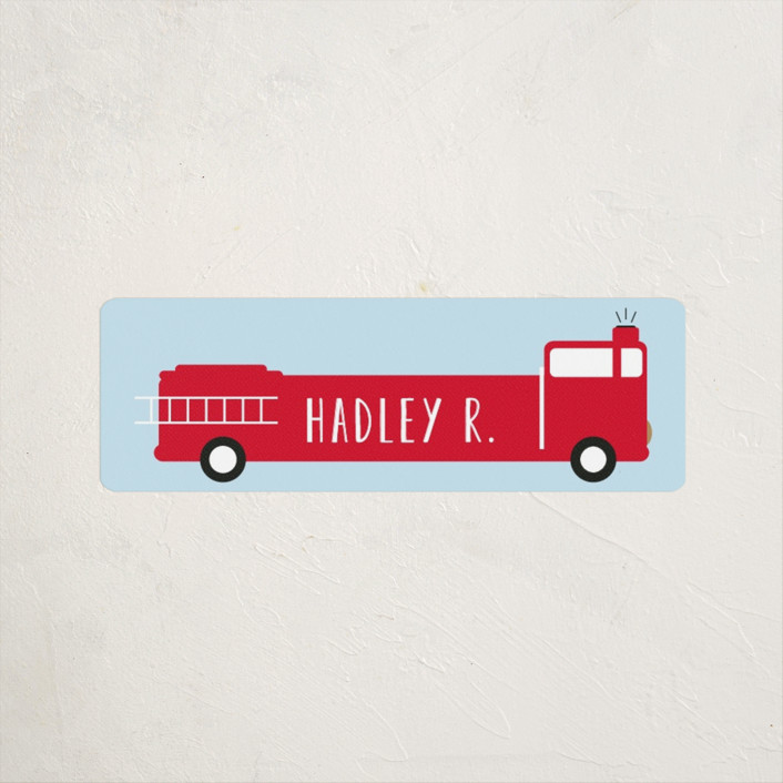 "Fire Engine Name" - Customizable Custom Name Labels in Blue by Dea and Bean. | Minted