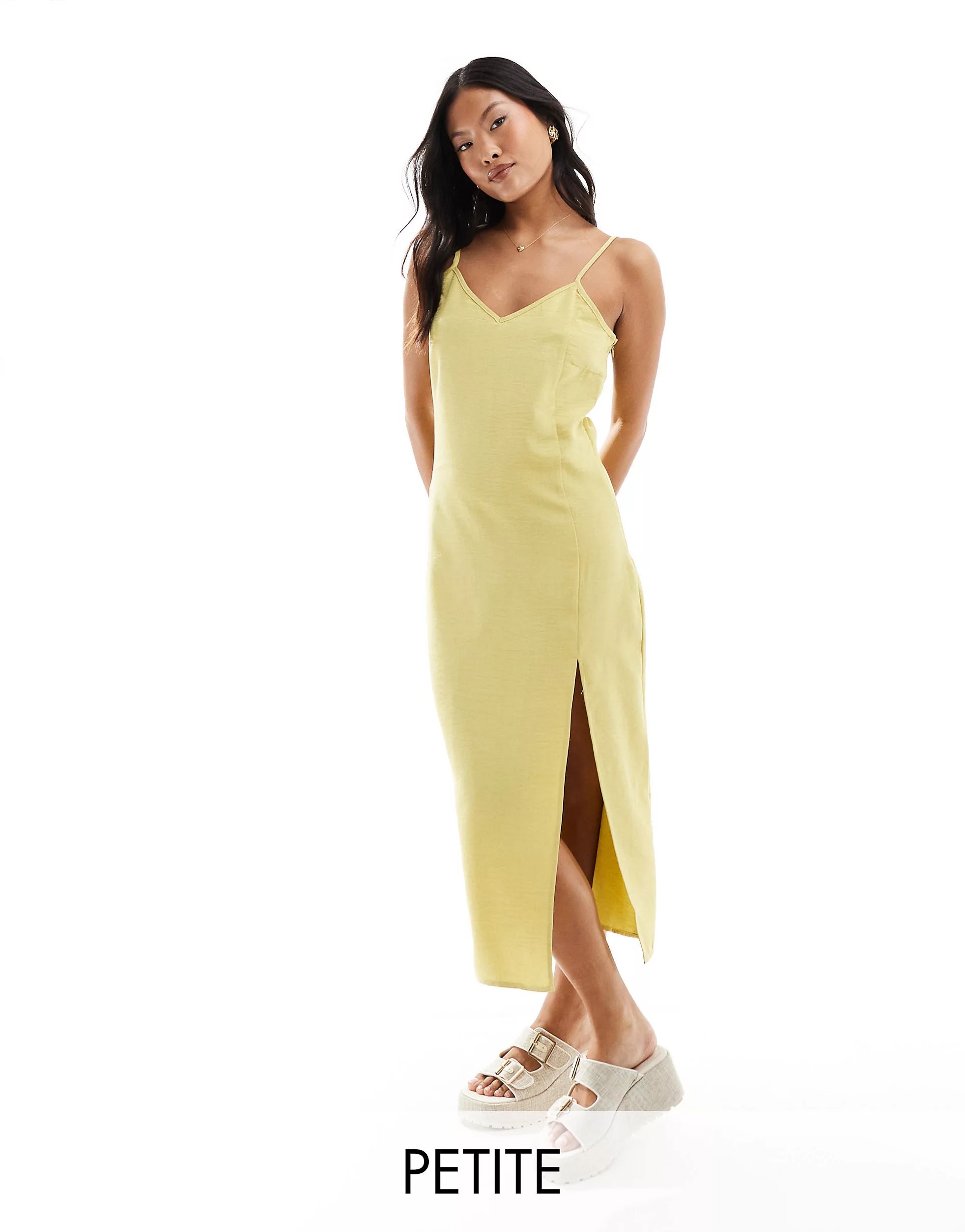 Vila Petite linen touch cami midi dress with slit front in pastel lime | ASOS (Global)