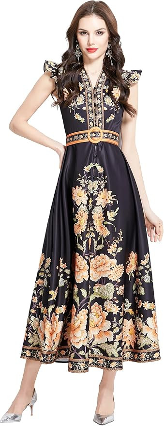 LAI MENG FIVE CATS Women's Floral Print V-Neck Sleeveless Elegant Button up Maxi Dress | Amazon (US)