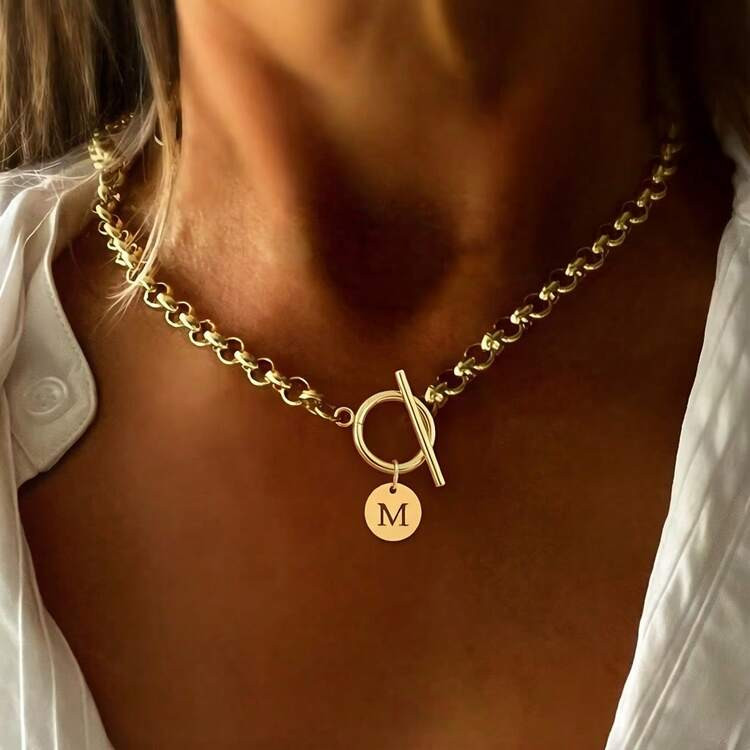 1 Simple Round Hollow Letter Pendant With Clasp Stainless Steel Chain Necklace For Women, Suitabl... | SHEIN