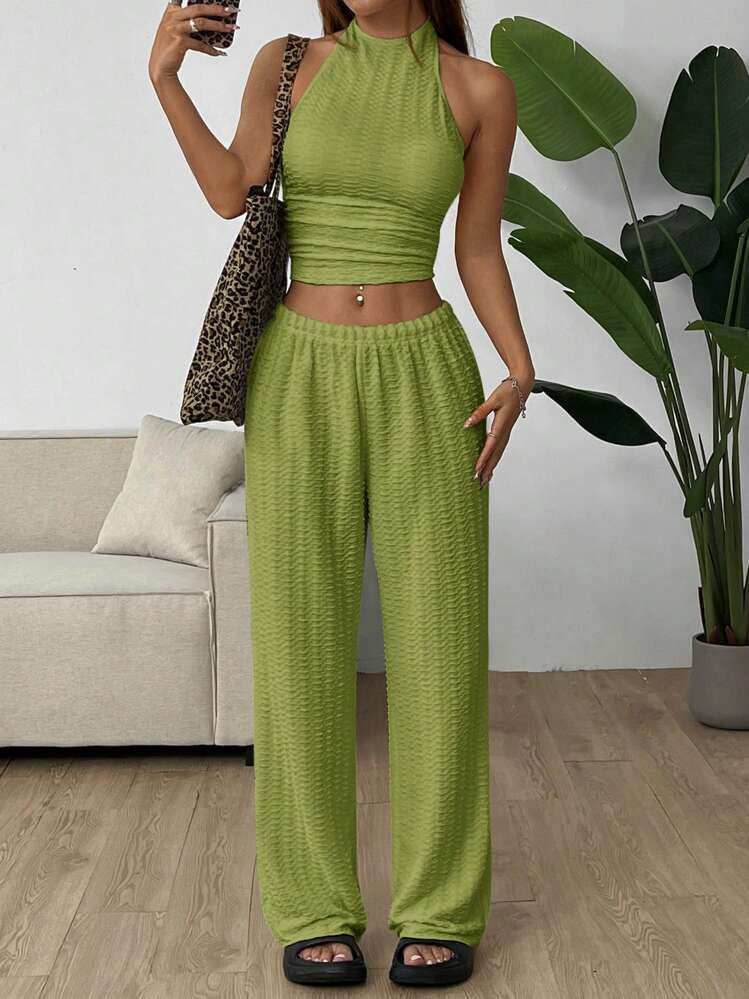 SHEIN EZwear Women Summer Casual Solid Color Halter Neck Top & Long Pants Set | SHEIN