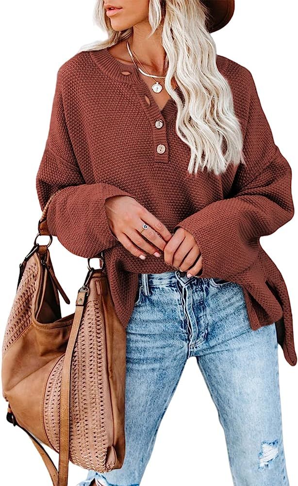 SHEWIN Women's Long Sleeve V Neck Button Chunky Knit Fall Winter Oversized Sweaters Pullover Tops | Amazon (US)
