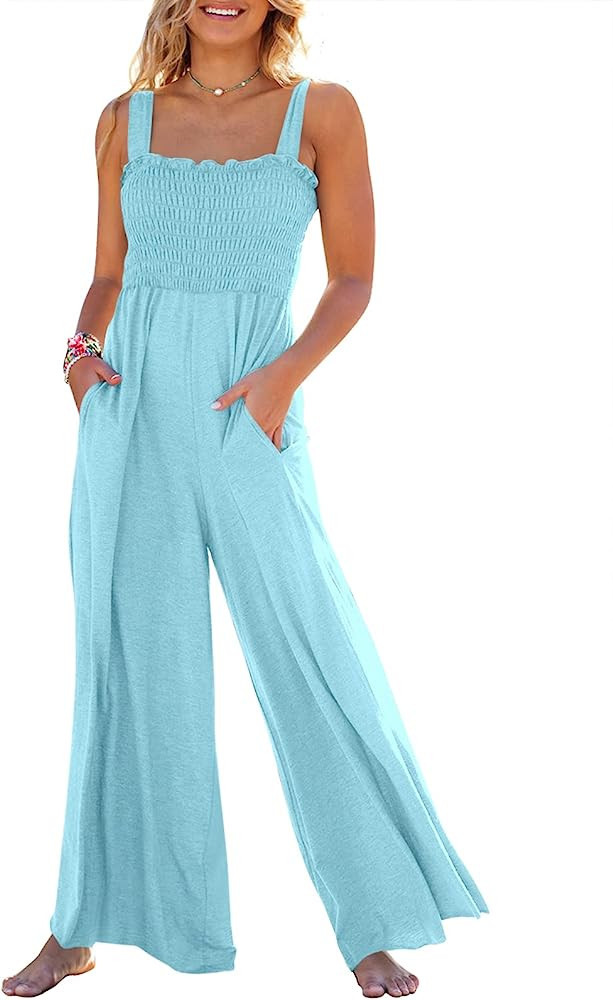 Caracilia Womens Casual Loose Sleeveless Tank Jumpsuits Square Collar Smocked Wide Leg Jumpsuit R... | Amazon (US)