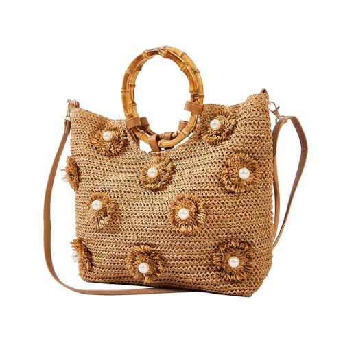 NIBD Straw Beach Bags for Women 2025 Flower Pearls Summer Chic Woven Handbag Shoulder Purse Beach Tote Straw Bag for Vacation (L khaki) | Amazon (US)