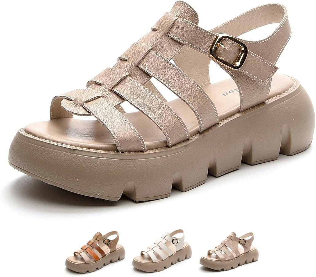 Women's Genuine Leather Hollow Platform Roman Sandals with Hook and Loop Retro Open Round Toe Low... | Amazon (US)