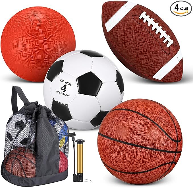 DEEKIN 4 Pcs Sport Balls Set for Kids Teens, Include Size 5 Basketball Size 4 Soccer Size 6 Footb... | Amazon (US)