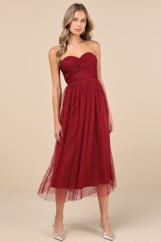 Perfect Whimsy Burgundy Mesh Strapless Midi Dress
            Lulus
         $88
        Product ... | Lulus