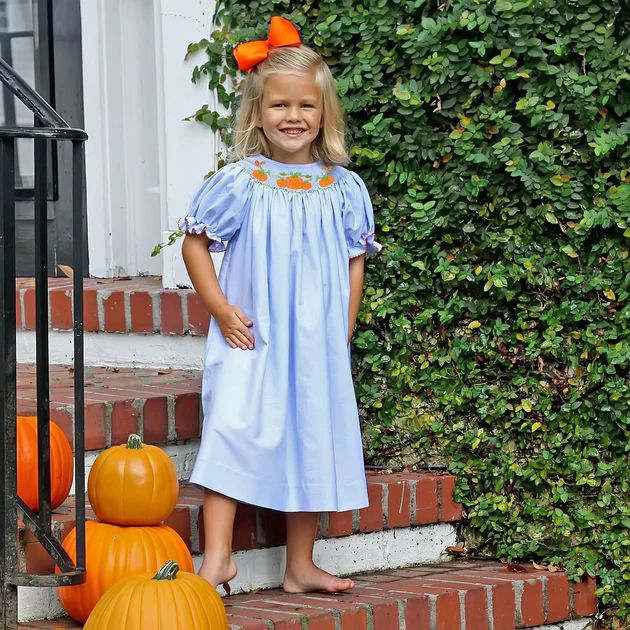 Pumpkin Cluster Smocked Blue Dress | Classic Whimsy