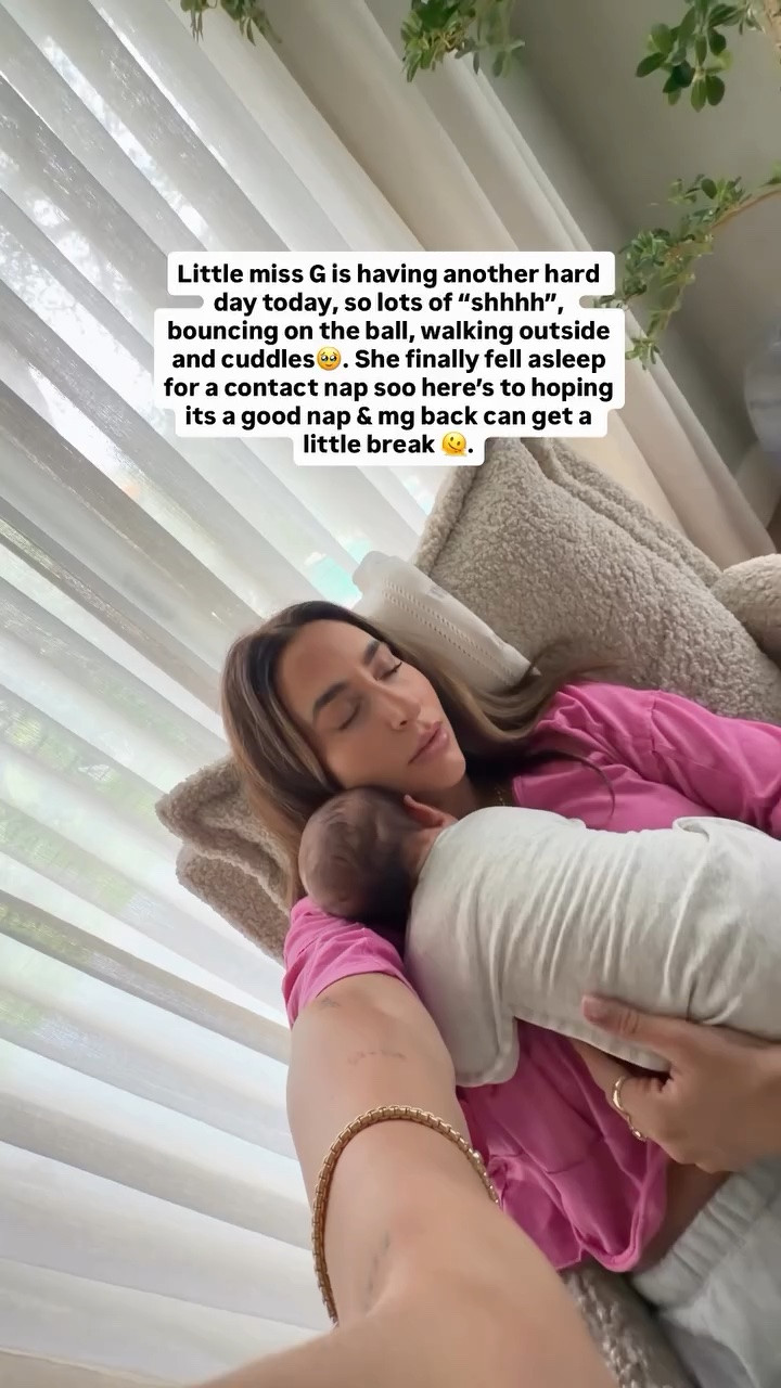 Little miss G is having another hard day today, so lots of “shhhh”, bouncing on the ball, walking outside and cuddles🥹. She finally fell asleep for a contact nap soo here’s to hoping its a good nap & mg back can get a little break 🫠.