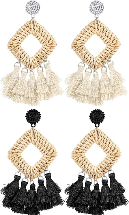 2 Pairs Rattan Tassel Earrings Bohemian Statement Woven Dangle Fringe Earrings Ethnic Tassel Drop... | Amazon (US)