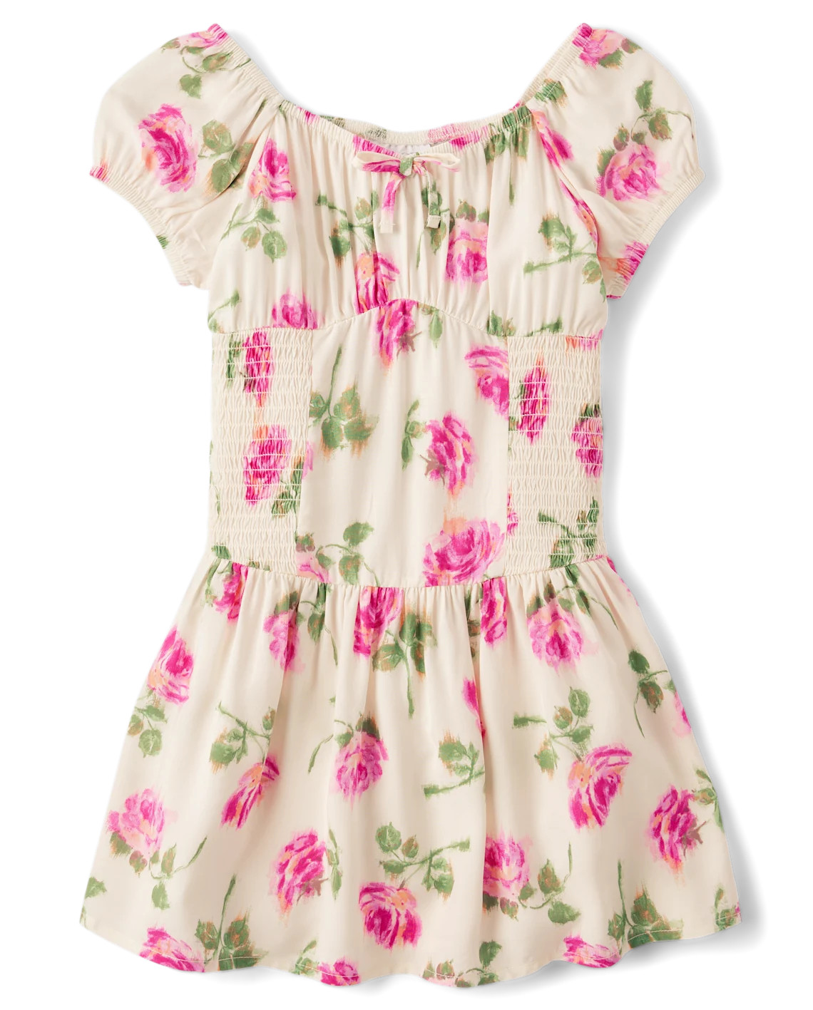 Girls Floral Smocked Puff Sleeve Dress - cream | The Children's Place