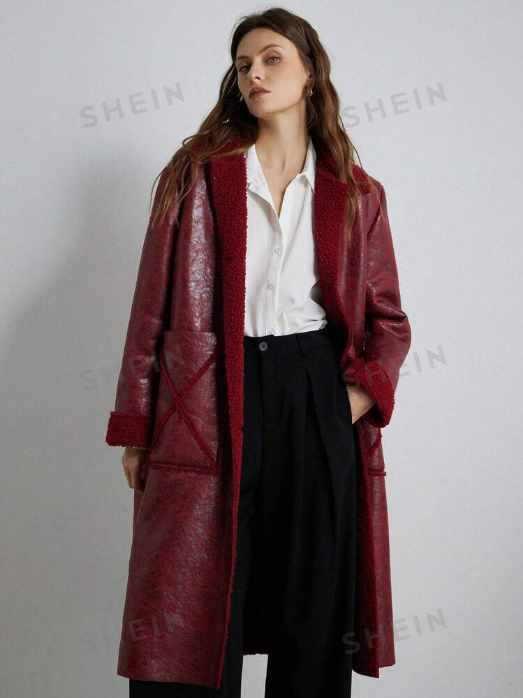 Aveloria Modichic 1pc Wine Red Faux Suede Stitching Sherpa Collar Long Composite Jacket Faux Leat... | SHEIN