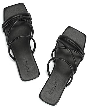 Women's Flat Sandals Strappy Square Open Toe Slide Sandals Dressy Comfortable Wide Feet Friendly | Amazon (US)