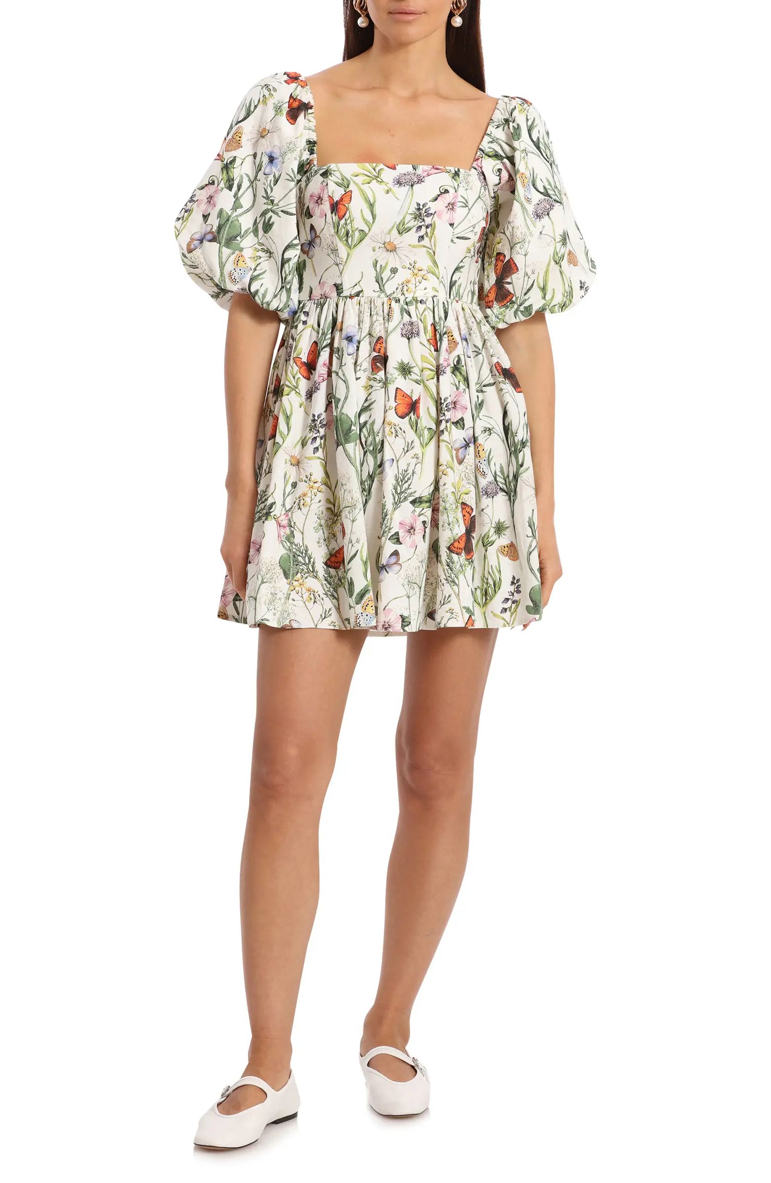 Floral Puff Sleeve Linen Blend Minidress | Nordstrom