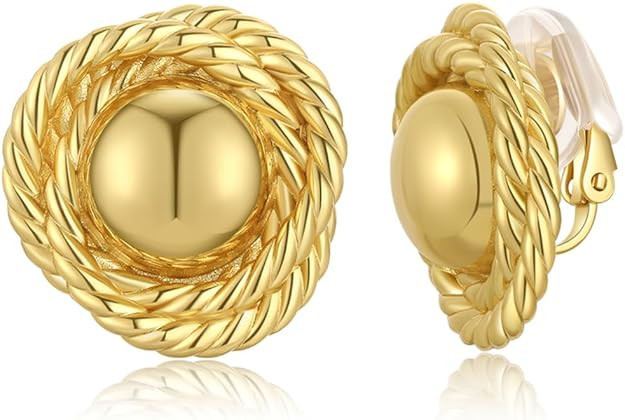 Clip On Earrings, 24K Chunky Women's Clip-on Earrings Gold Huggie Clips Trendy | Amazon (US)