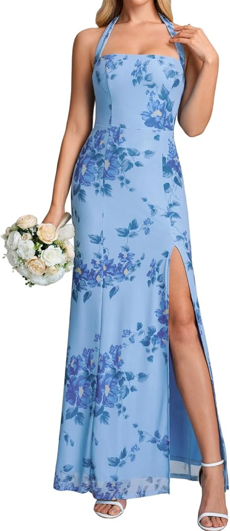 XinFSh Women's Halter Wedding Guest Maxi Dress Floral Mesh Bodycon High Slit Long Formal Cocktail... | Amazon (US)