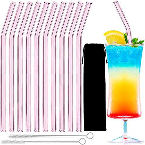 Glass Straws – 10pcs Pink Bent Glass Straw Set, 8'' Reusable Straws With Cleaning Brush For Tumblers, Tervis, Mason Jars (Pink) | Amazon (US)