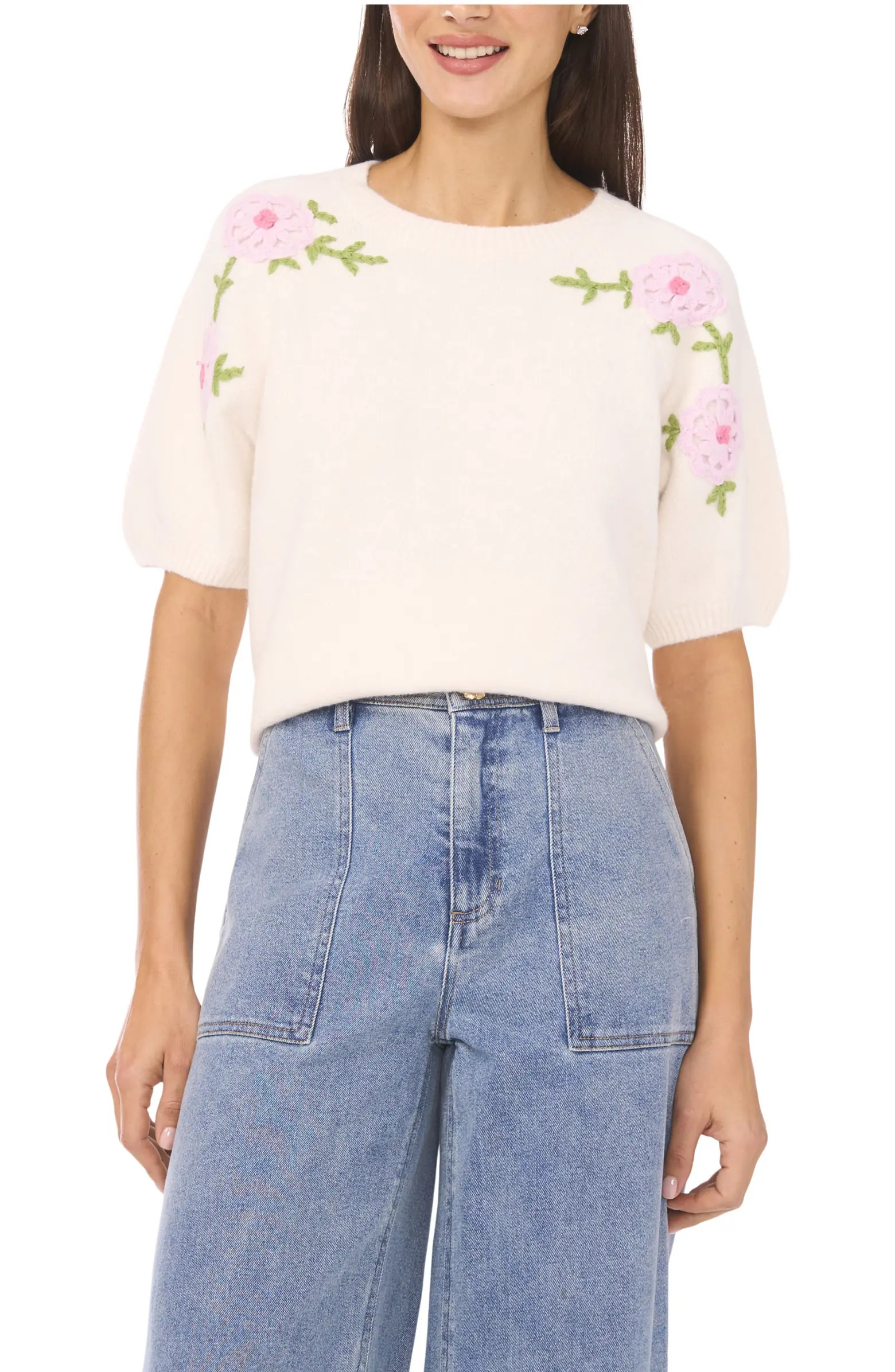 CeCe Floral Embroidered Short Sleeve Sweater | Nordstrom | Nordstrom