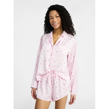 No Boundaries Sleepwear Satin Long Sleeve Button-Up Top and Shorts Set, 2-Piece, Women’s XS-XXL | Walmart (US)