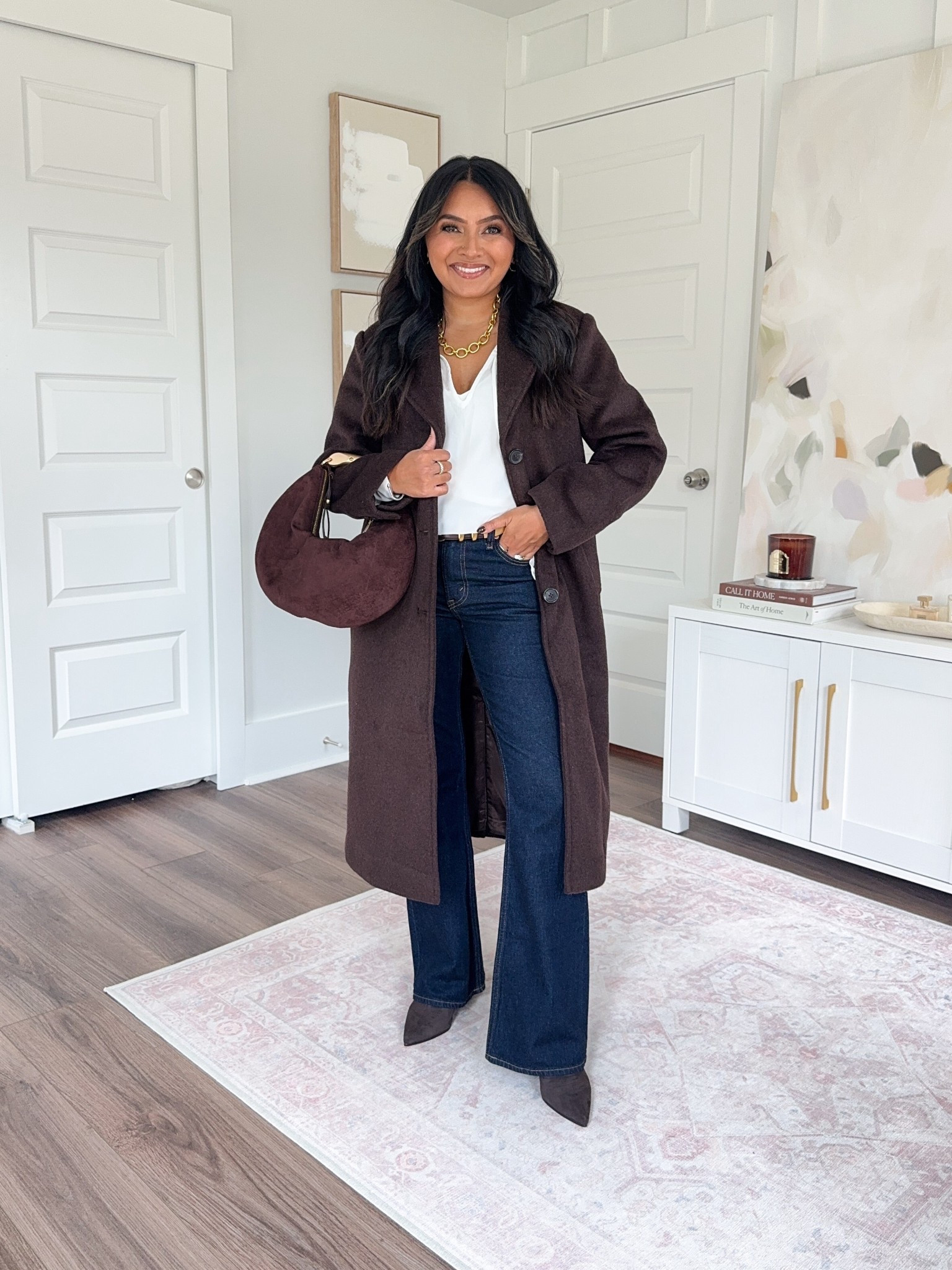 Brown dark coffee coat size xs petite TTS
White cream long sleeve top size xxs TTS
Mid rise bootcut jean in dark rinse color size 26 short TTS
Brown and gold belt size xs TTS - I use the last hole on this belt so size up if you want more room!
Dark brown boots size 5.5 TTS
#LTKFallSale

#LTKSaleAlert #LTKPetite