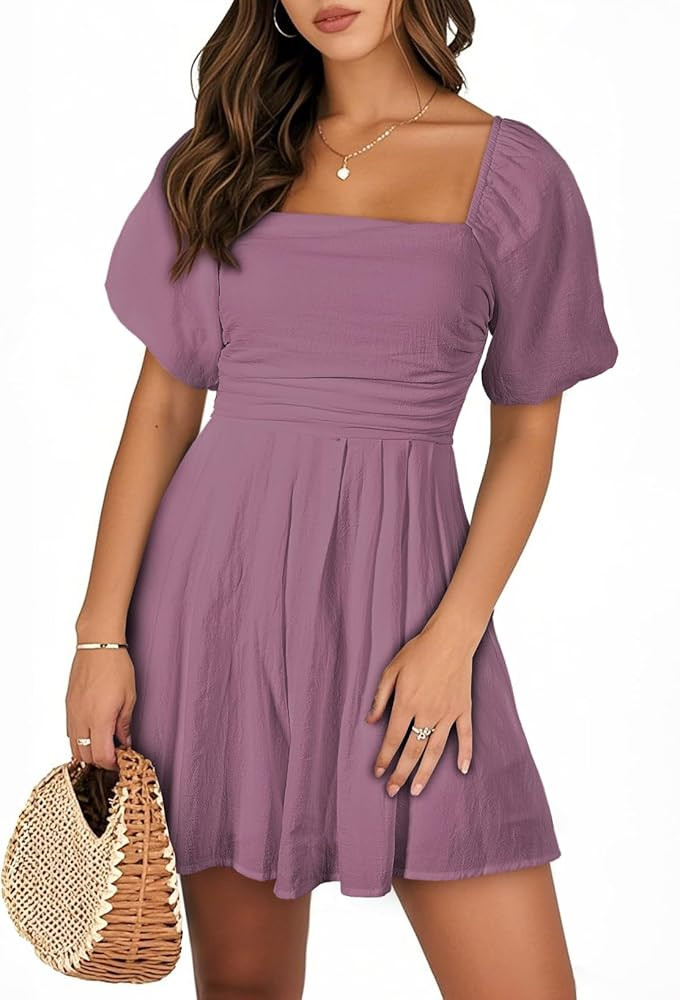 AlvaQ Womens Summer Cute Puff Sleeve Elastic Square Neck Mini Short Romper with Pockets | Amazon (US)