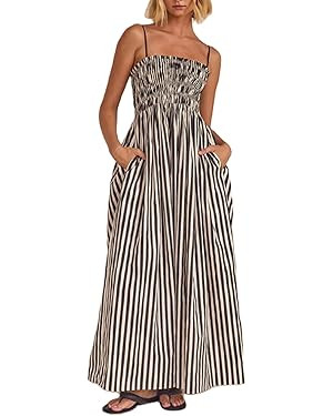 KMBANGI Women Striped Sleeveless Maxi Dress Swing Aline Midi Dress Backless Smocked Spaghetti Str... | Amazon (US)