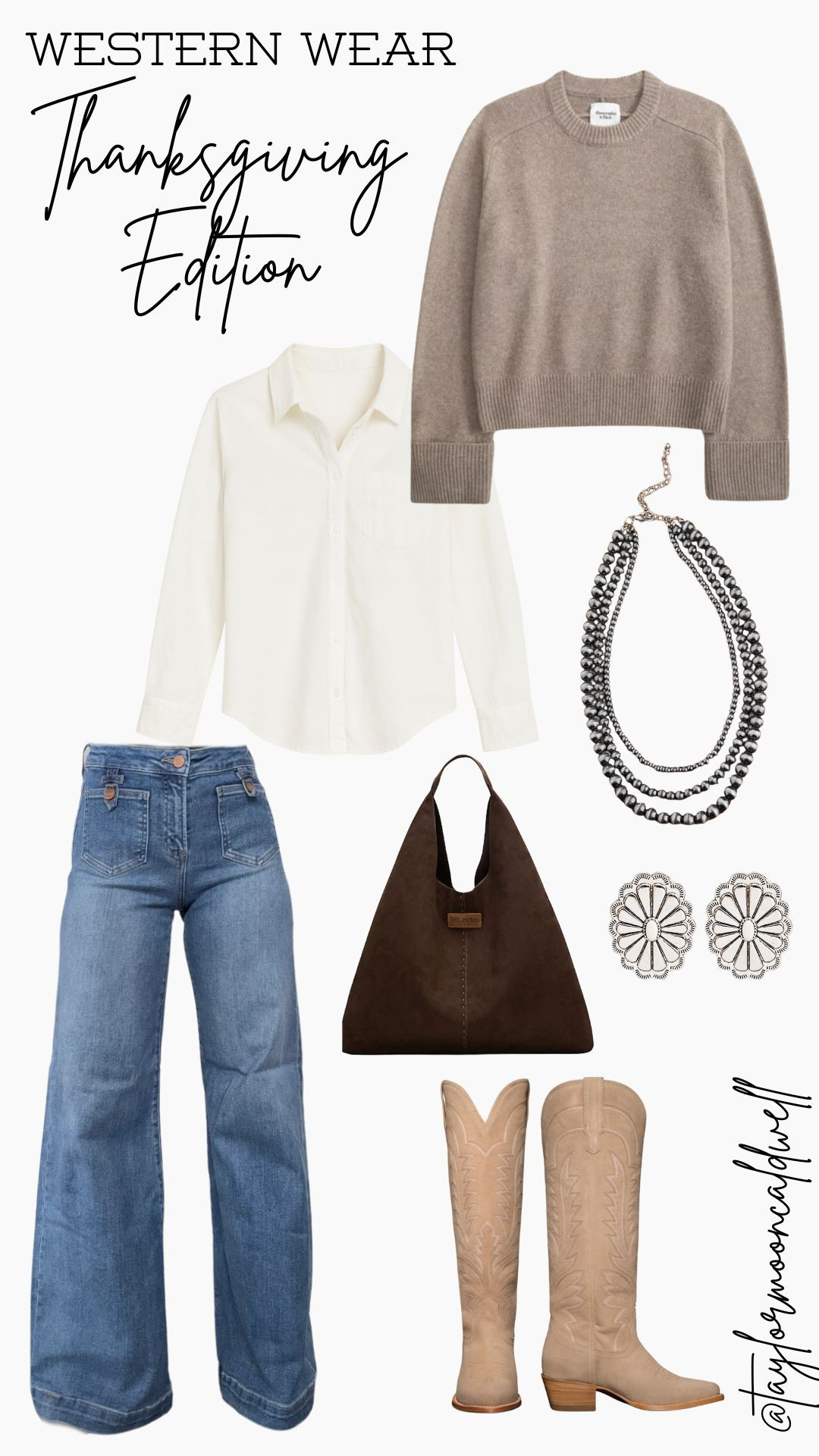 Thanksgiving Western outfit inspo! 🤠🍂
Neutral tones, cozy textures, and classic western details — taupe knit sweater, button-down, wide-leg denim, suede bag, concho earrings, layered beads, and tall boots.
A perfect western-chic Thanksgiving look you can dress up or down.

western fall style, Thanksgiving outfit, cowgirl chic outfit, western boots outfit, fall neutrals, holiday outfit inspo, western aesthetic. 

 #LTKHoliday #LTKootd #LTKSeasonal