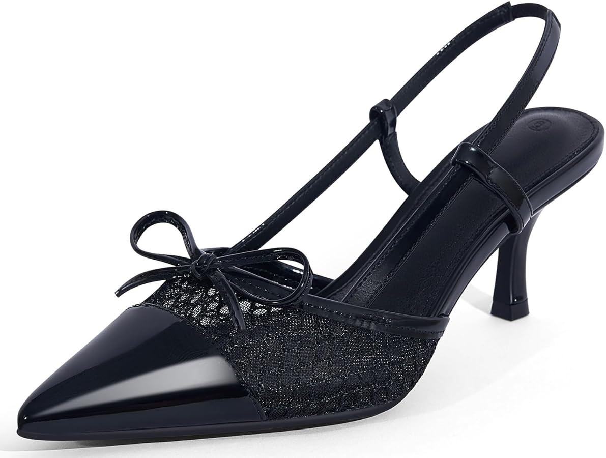 Coutgo Womens Bow Tie Slingback Pumps Pointed Toe Kitten Low Heel Patchwork Dress Heeled Sandals | Amazon (US)