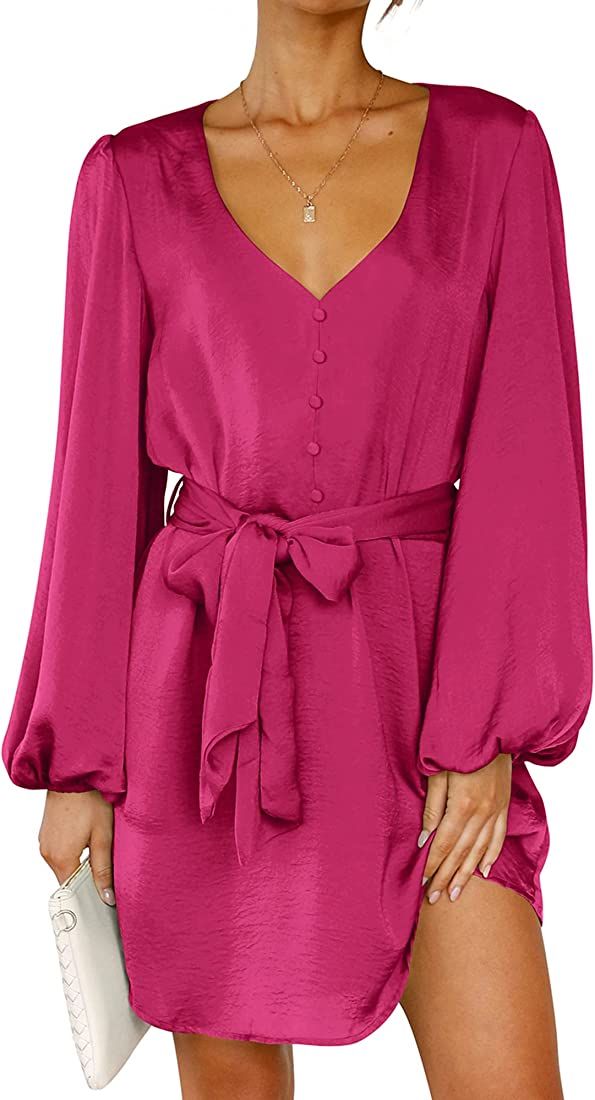 BTFBM 2023 Women's Long Puff Sleeve Satin Dress Casual V Neck Belted Short Spring Summer Party Co... | Amazon (US)