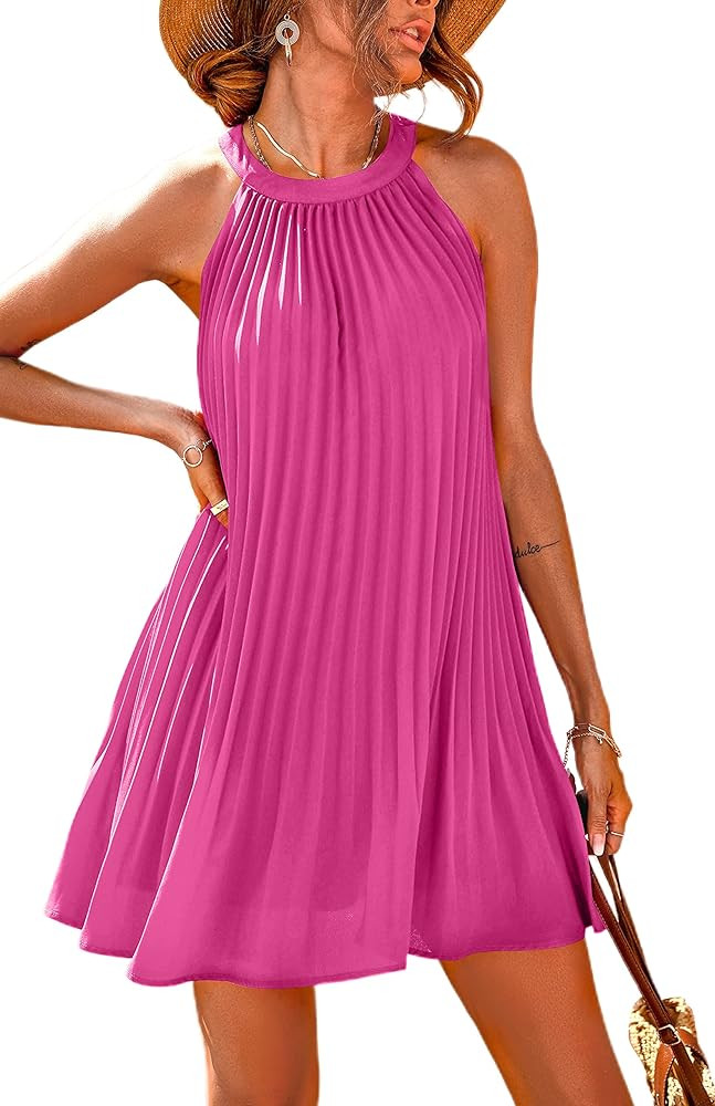 PRETTYGARDEN Women's Cute Halter Neck Sleeveless Mini Dress Solid Color Flowy Pleated Beach Dress... | Amazon (US)