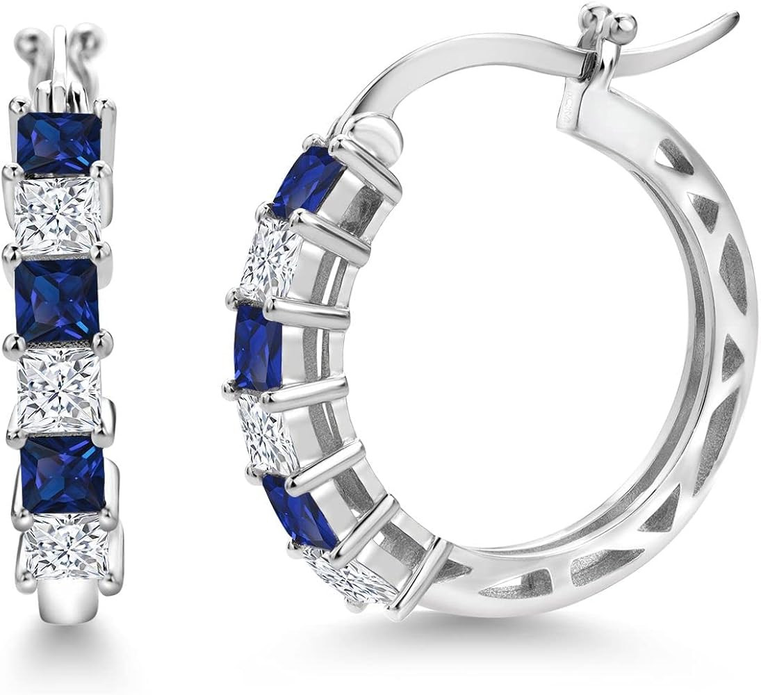 Gem Stone King 925 Sterling Silver Blue Created Sapphire and White Moissanite Hoop Earrings for W... | Amazon (US)
