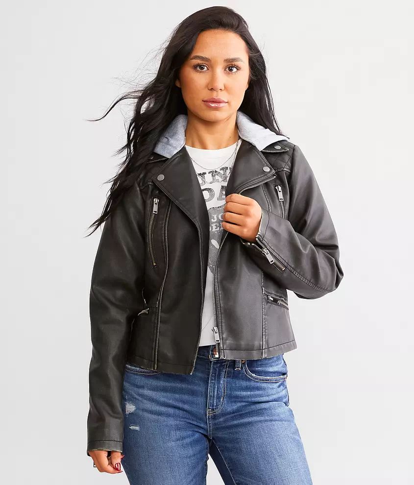 Faux Leather Hooded Jacket | Buckle