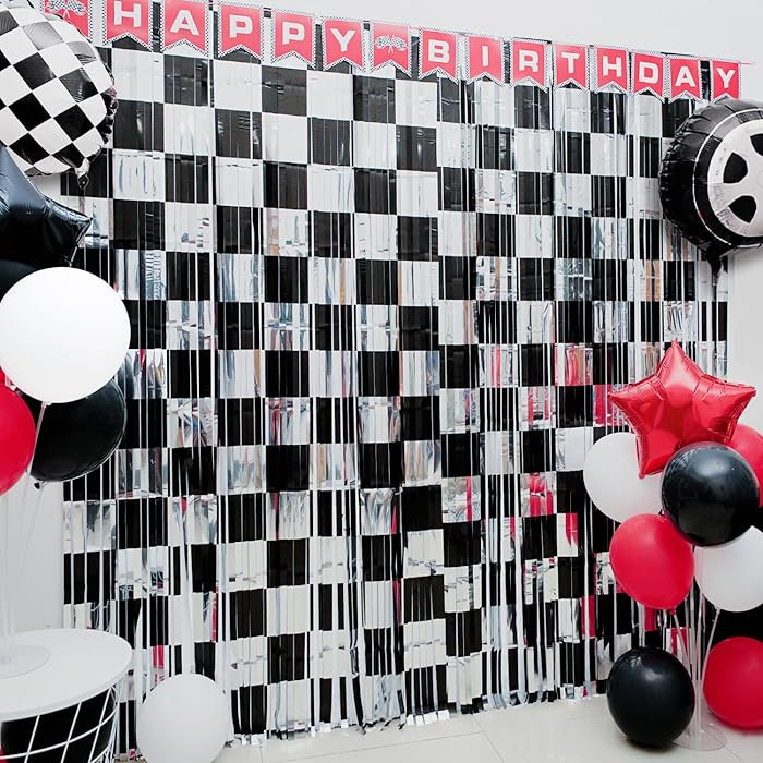 Race Car Birthday Party Decoration, 2 Pack Race Car Party Backdrop Photo Booth Prop, Black and Si... | Amazon (US)