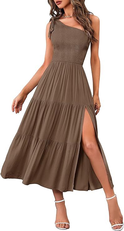 MEROKEETY Women's Summer One Shoulder Sleeveless Knot Smocked Midi Dress Split Tiered Flowy Dress... | Amazon (US)