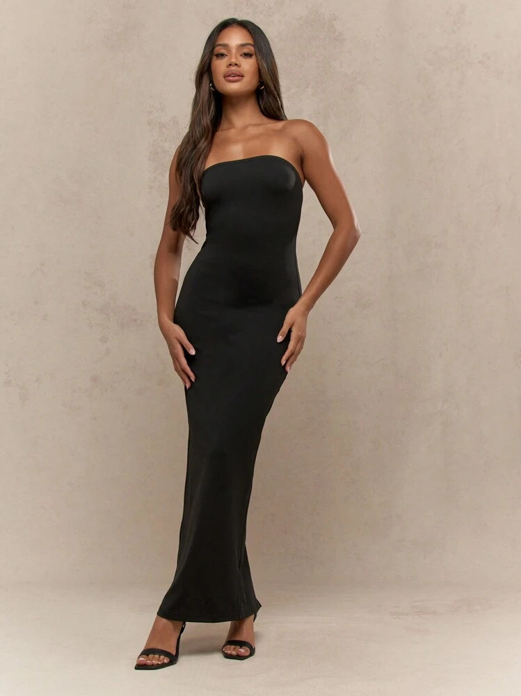 MISSGUIDED Elegant Strapless Bandeau Maxi Evening Gown Floor Length Form Fitting Special Occasion Dress With Back Slit Formal Party Prom Wedding Guest Dress | SHEIN